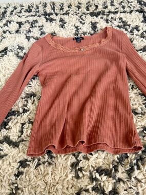 art class Rust Ribbed Lace-Trim Long Sleeve Tee